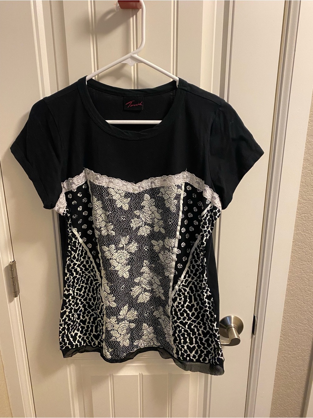 Vintage Torrid Top 0 Large Black White Blouse Lace Trim L Shirt Floral Lg